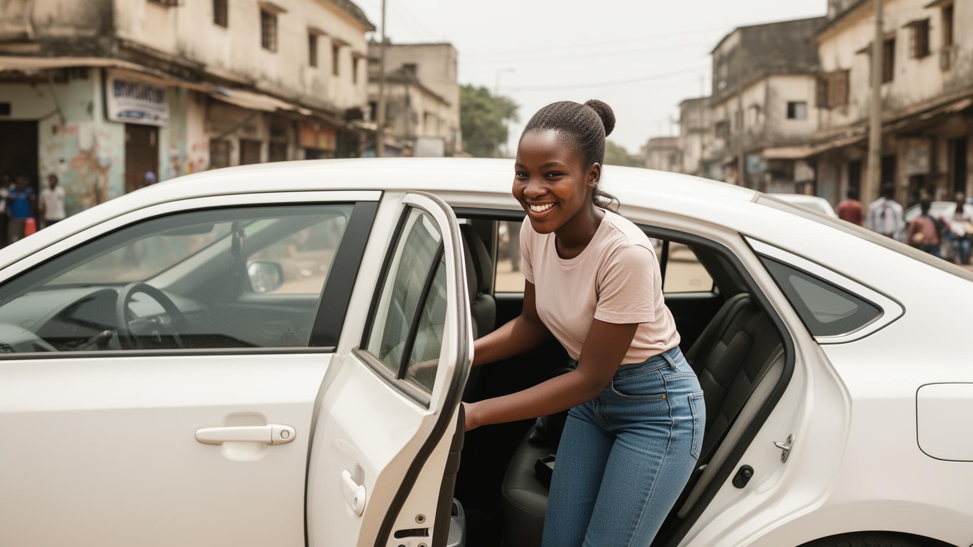 VOYA rider stepping into her ride on a Lagos street