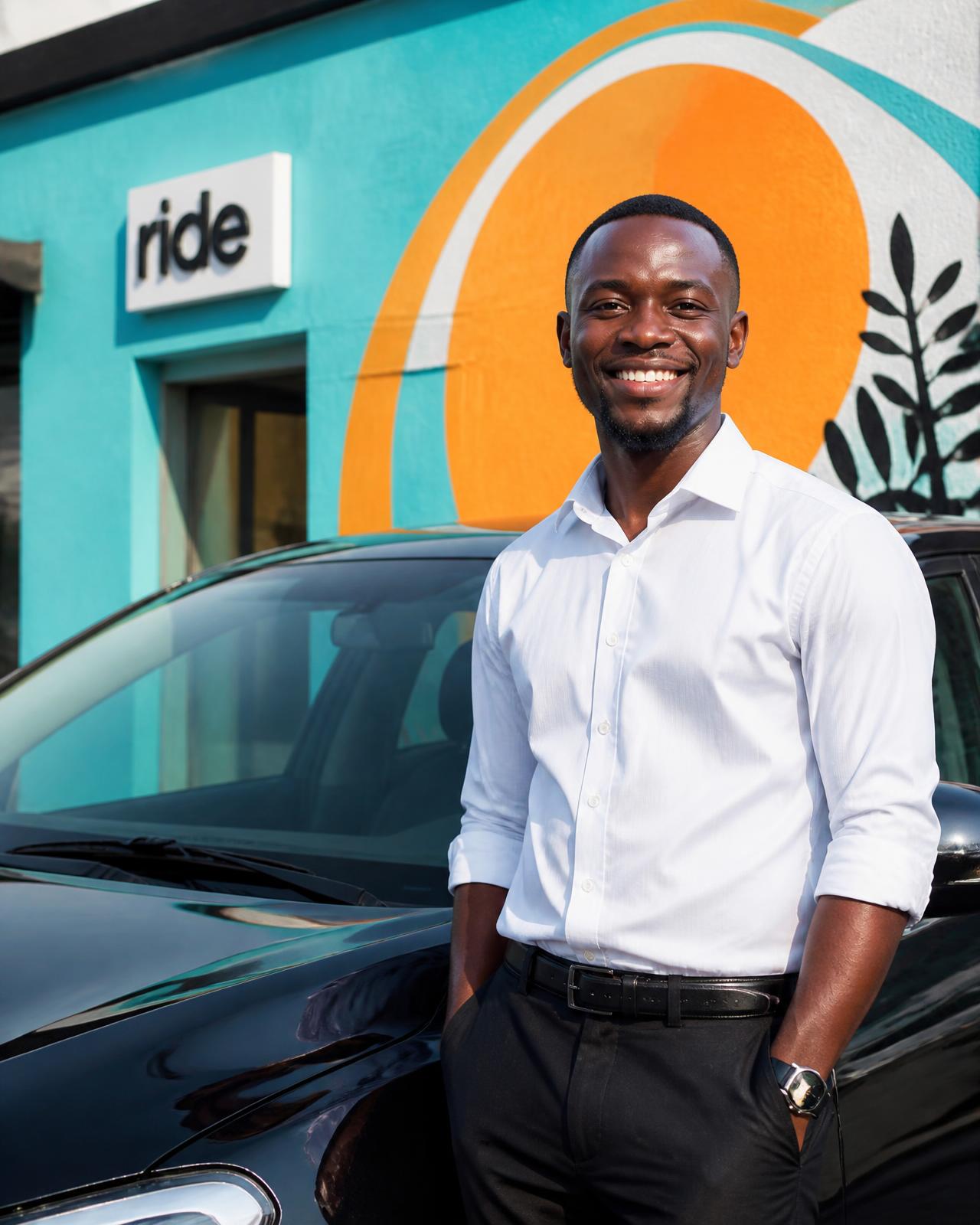 A cheerful VOYA driver smiling beside his car in front of a colourful turquoise and orange mural